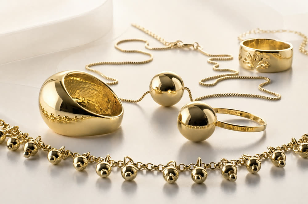 Conjunto de anéis e colar com banho Mont Blanc, ouro amarelo, Dially Joias