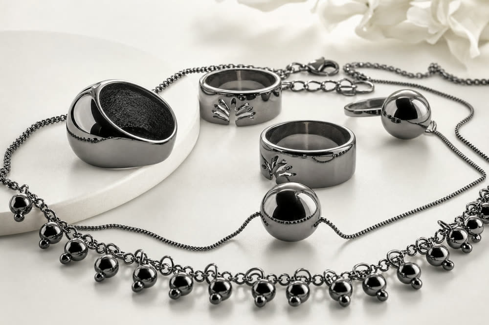 Conjunto de anéis e colar com banho Noctis, tom grafite escuro, Dially Joias