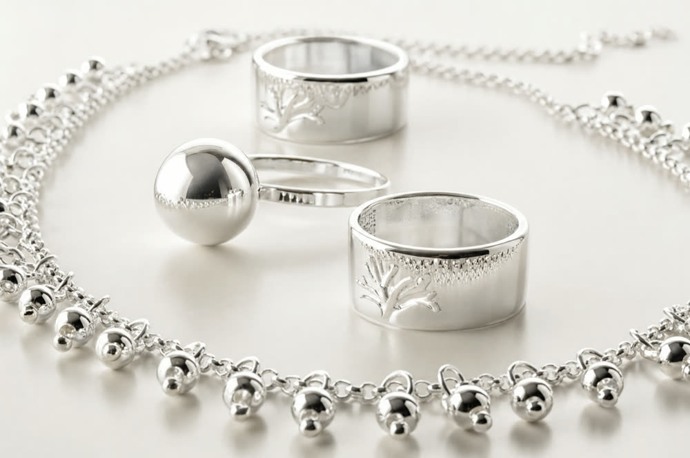 Conjunto de anéis e colar com banho de prata, Dially Joias