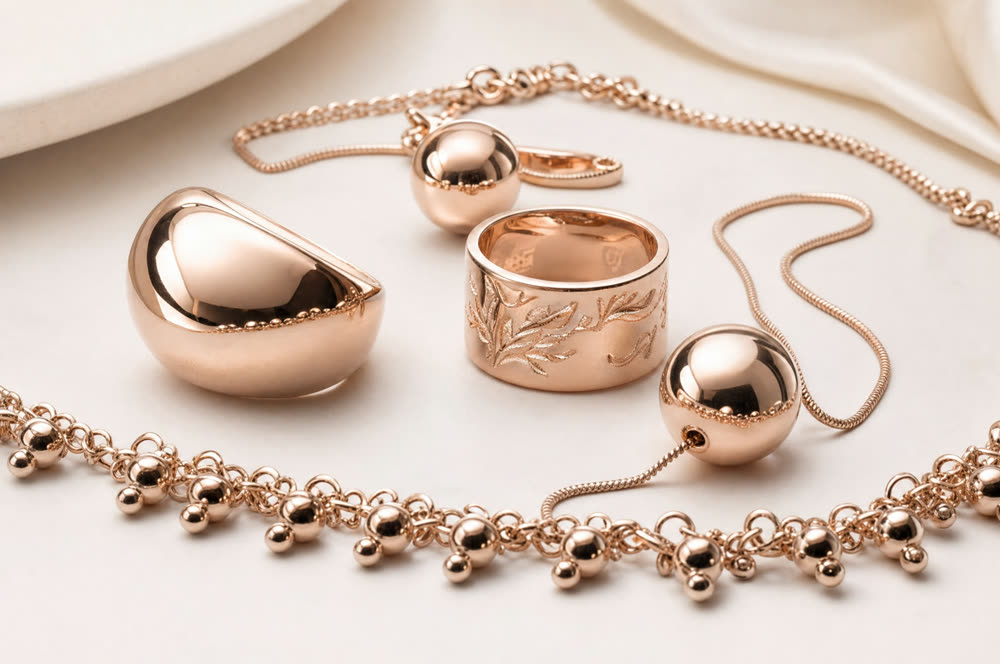 Conjunto de anéis e colar com banho Viena, ouro rosé, Dially Joias