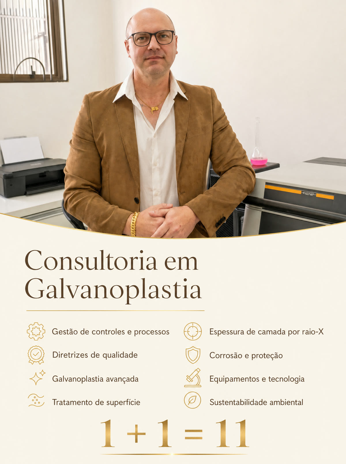 Giovani Crescente, químico e diretor da Dially, e os temas da consultoria em galvanoplastia: gestão de controles e processos, diretrizes de qualidade, galvanoplastia avançada, tratamento de superfície, espessura de camada por raio-X, corrosão e proteção, equipamentos e tecnologia, sustentabilidade ambiental. 1 + 1 = 11.